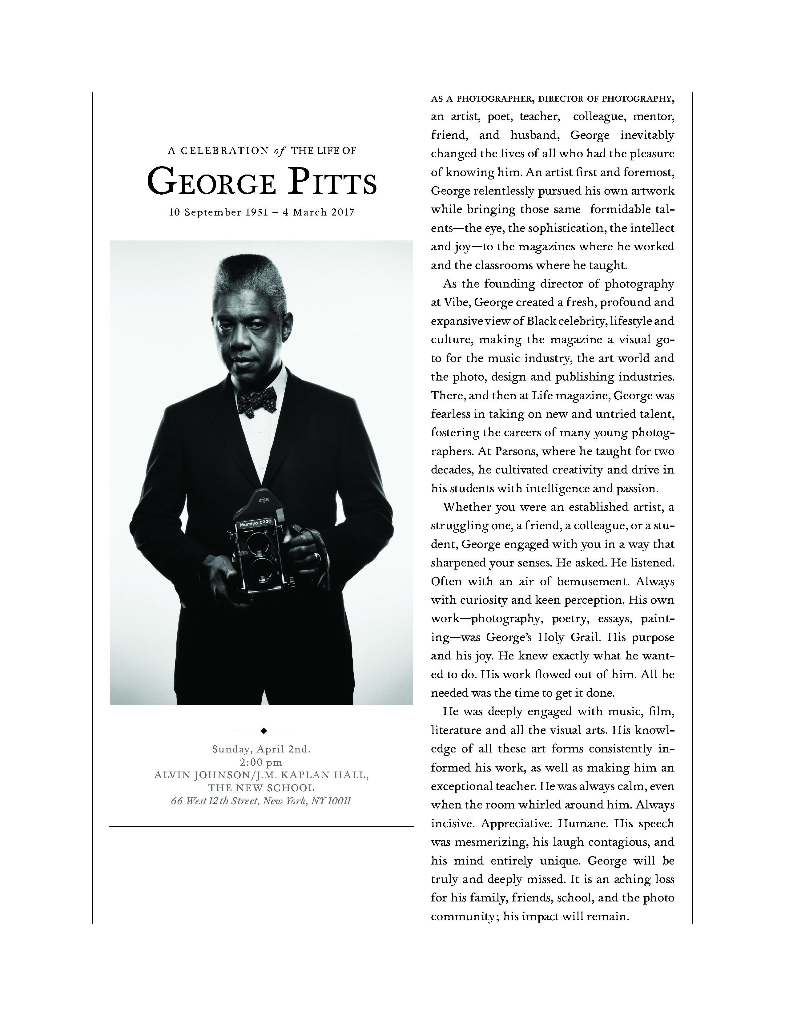 A Celebration of the Life of George Pitts: Sunday, April 2, 2PM