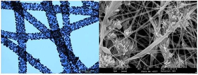 TEM and FESEM images of nylon nanofibers coated with gold (L) nanoparticles and anomalous crystal formations of NaCl (R) . Potential applications include active and catalytic filtration of hazardous gases and industrial toxic chemicals as well as anti-counterfeiting devices.