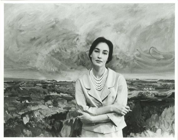 Jane Wilson in front her painting, The Open Scene, 1960. Collection of The Museum of Modern Art. Photograph by John Jonas Gruen, May 1960.