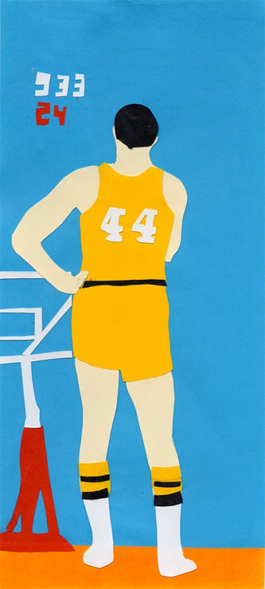 14, “44,” Collage",5 X 11 ", 2015, Lauren Redniss, Thesis My overall goal with this series of drawings and paintings is to bring forward the theme of sports in the context of fine arts. This specific subject was chosen bescause of its significance in societies around the world. As a subject, it touches on issues of nationalism, spectacle, and my personal, the common human experience. This work is based mostly memory and skill.  By tying the sport directly to the action of creating the work, my pieces will rethink the identities and abilities of individual athletes, thus showing a more total and universal appreciation of the performance. The drawings will not try to be realistic at all, shifting our notion of sports imagery and questioning high definition, hence presenting sports in its raw nature: pure emotion. The strokes, colors and quality of the works will be used to call into question the viewer’s memory of specific moments, shedding light on ideas of collective recollection.