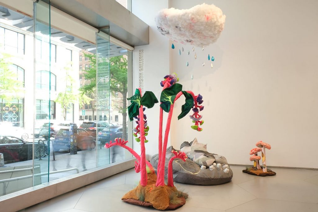 For the Starry-Eyed, For the Healers, 2023, immersive soft sculpture installation  Materials: fabric, metal armature, polyfill, pom-poms, 144 x 96 x 60 inches // 365.8 x 243.8 x 152.4 cm